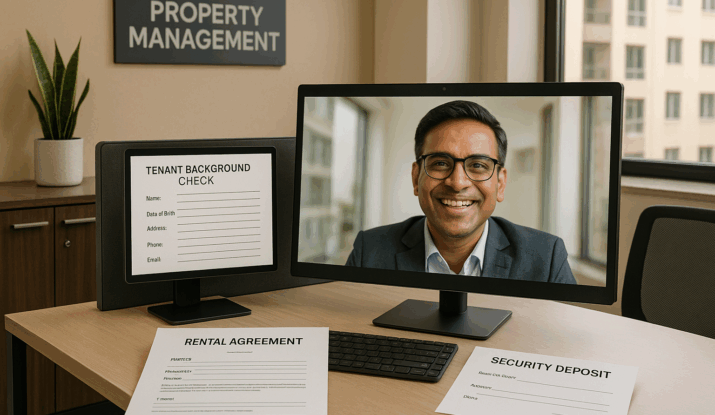 NRI choosing a professional property manager in India remotely via laptop
