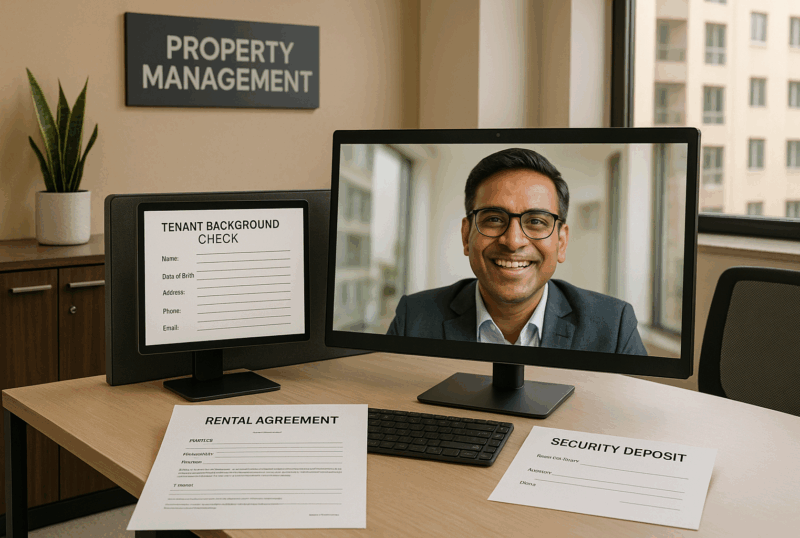 NRI choosing a professional property manager in India remotely via laptop